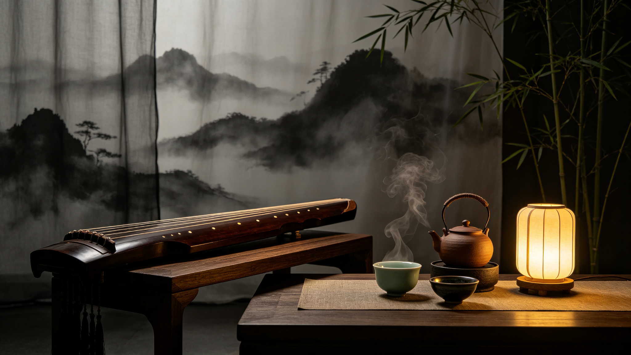 古筝与茶席共处一室
